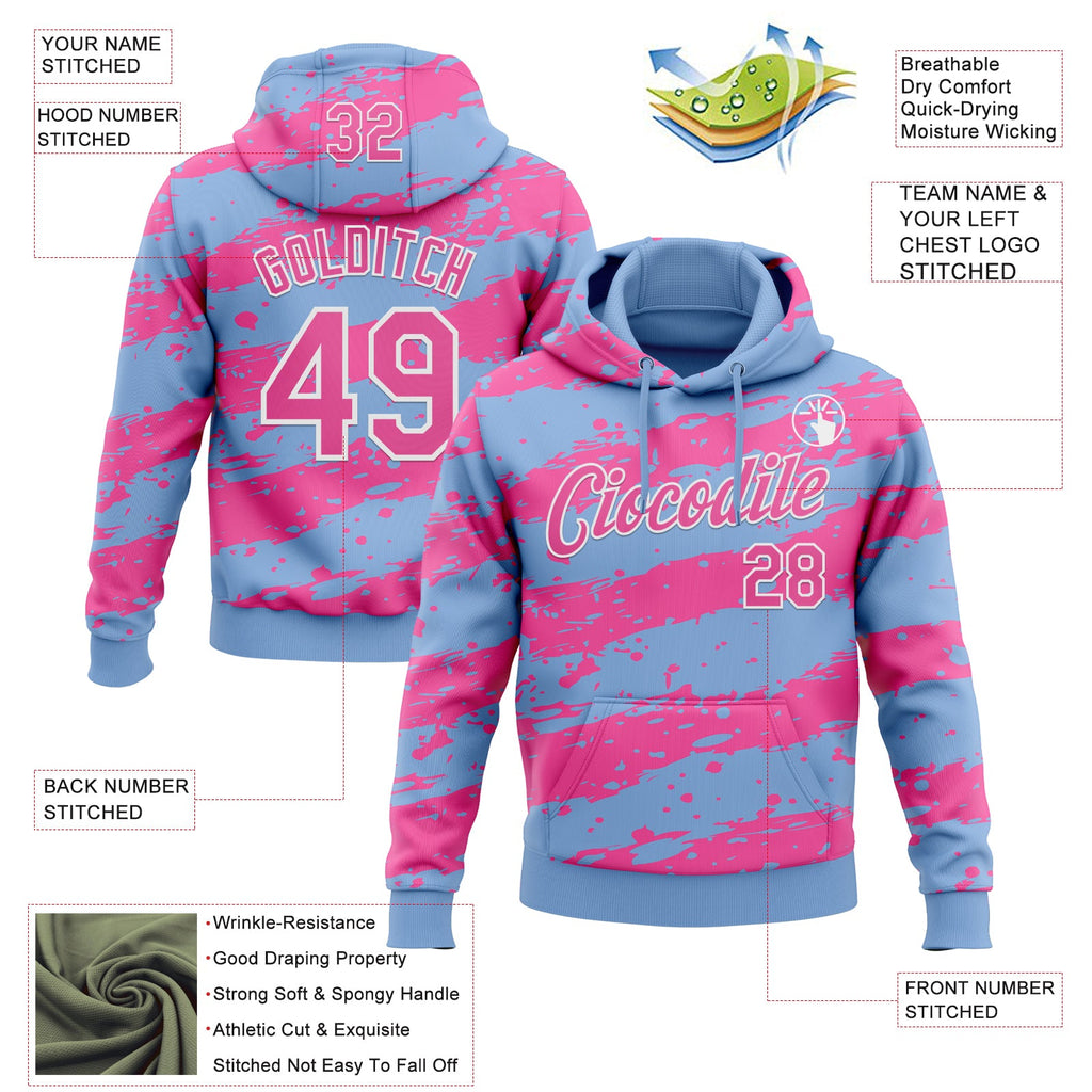 Custom Stitched Light Blue Pink-White 3D Pattern Design Splash Torn Paper Style Sports Pullover Sweatshirt Hoodie