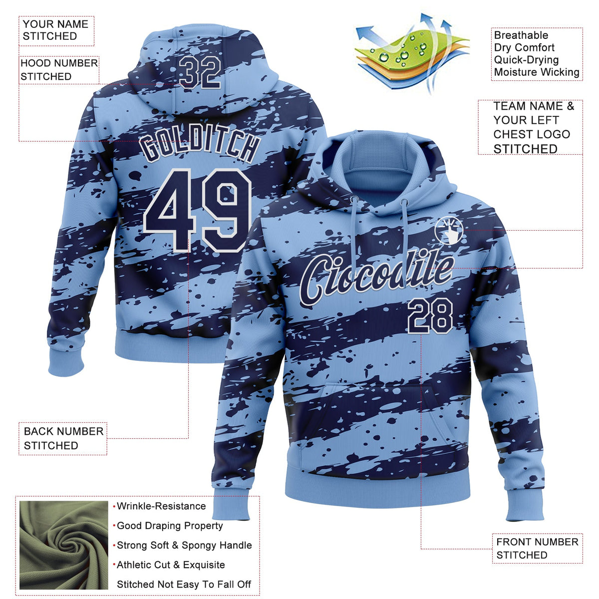 Custom Stitched Light Blue Navy-White 3D Pattern Design Splash Torn Paper Style Sports Pullover Sweatshirt Hoodie