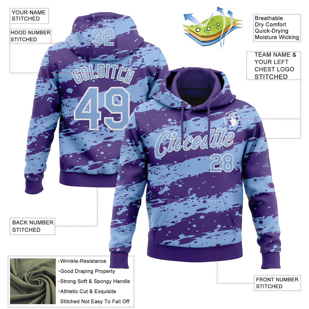 Custom Stitched Purple Light Blue-White 3D Pattern Design Splash Torn Paper Style Sports Pullover Sweatshirt Hoodie