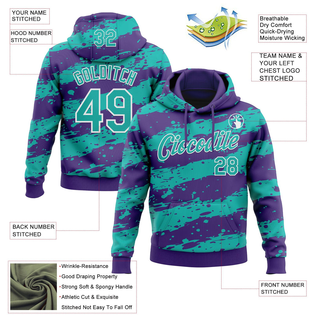 Custom Stitched Purple Aqua-White 3D Pattern Design Splash Torn Paper Style Sports Pullover Sweatshirt Hoodie