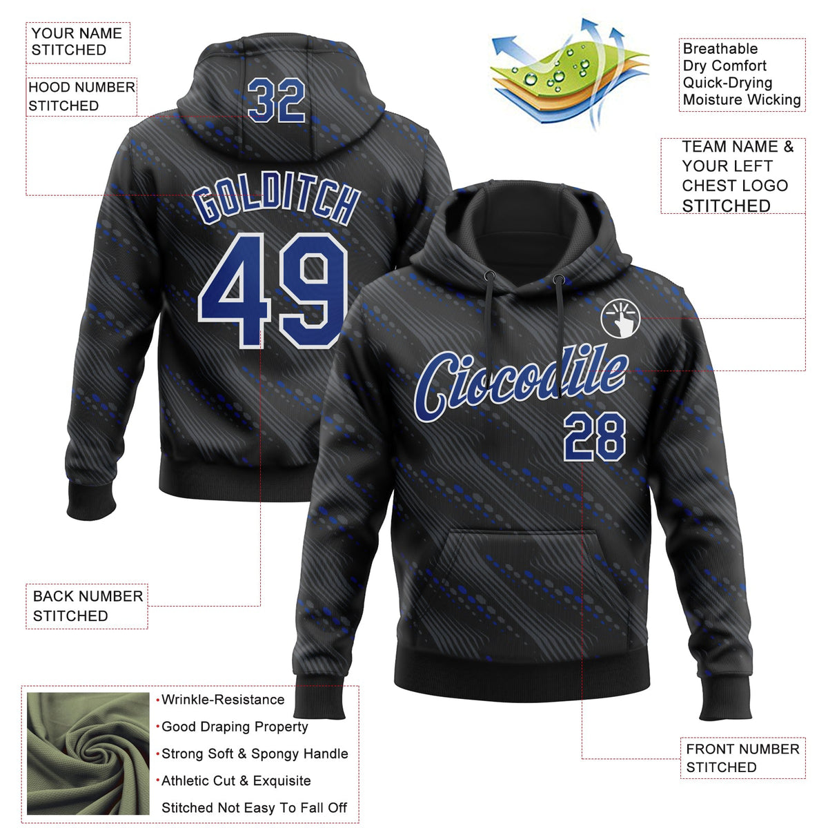 Custom Stitched Black Royal-White 3D Pattern Design Slant Lines Sports Pullover Sweatshirt Hoodie
