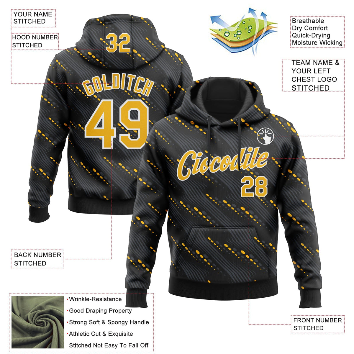 Custom Stitched Black Gold-White 3D Pattern Design Slant Lines Sports Pullover Sweatshirt Hoodie