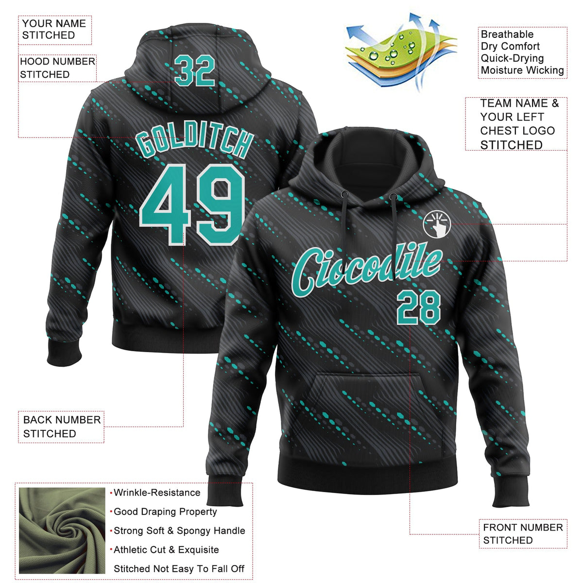 Custom Stitched Black Aqua-White 3D Pattern Design Slant Lines Sports Pullover Sweatshirt Hoodie