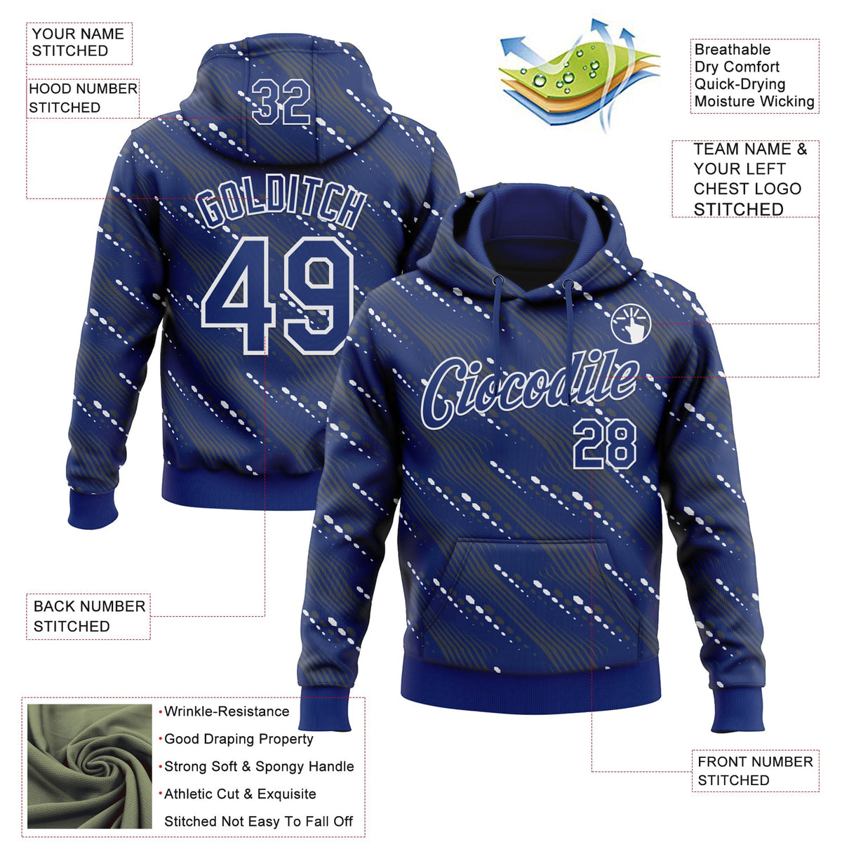 Custom Stitched Royal White 3D Pattern Design Slant Lines Sports Pullover Sweatshirt Hoodie