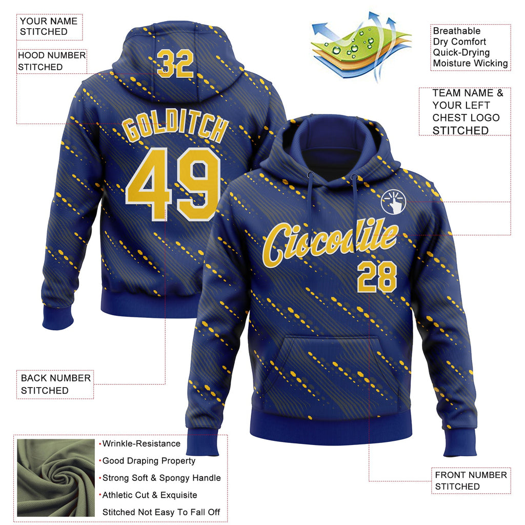 Custom Stitched Royal Yellow-White 3D Pattern Design Slant Lines Sports Pullover Sweatshirt Hoodie