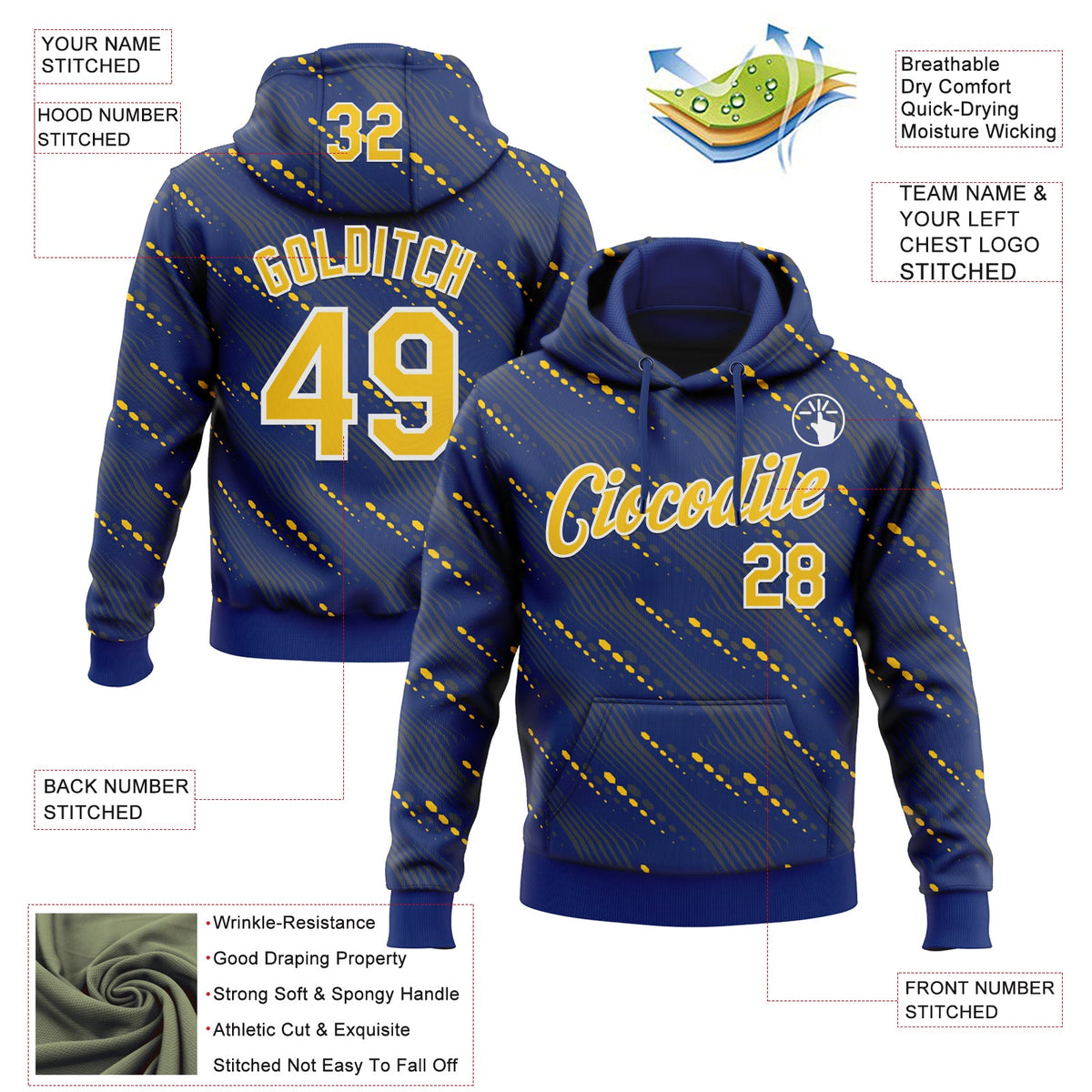 Custom Stitched Royal Yellow-White 3D Pattern Design Slant Lines Sports Pullover Sweatshirt Hoodie