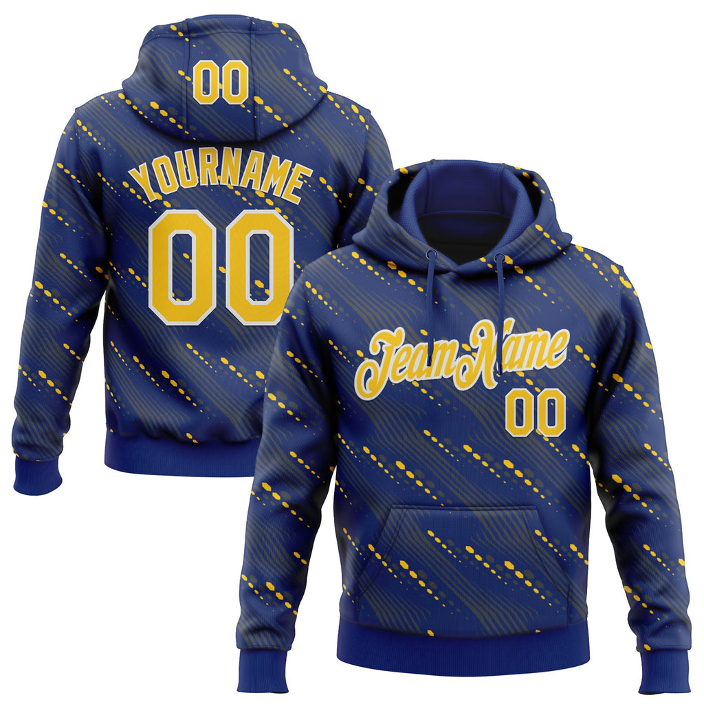 Custom Stitched Royal Yellow-White 3D Pattern Design Slant Lines Sports Pullover Sweatshirt Hoodie