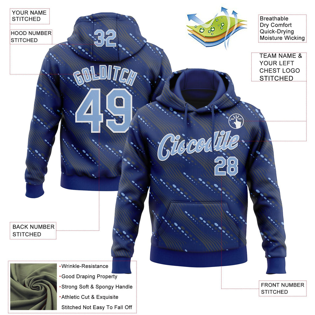 Custom Stitched Royal Light Blue-White 3D Pattern Design Slant Lines Sports Pullover Sweatshirt Hoodie