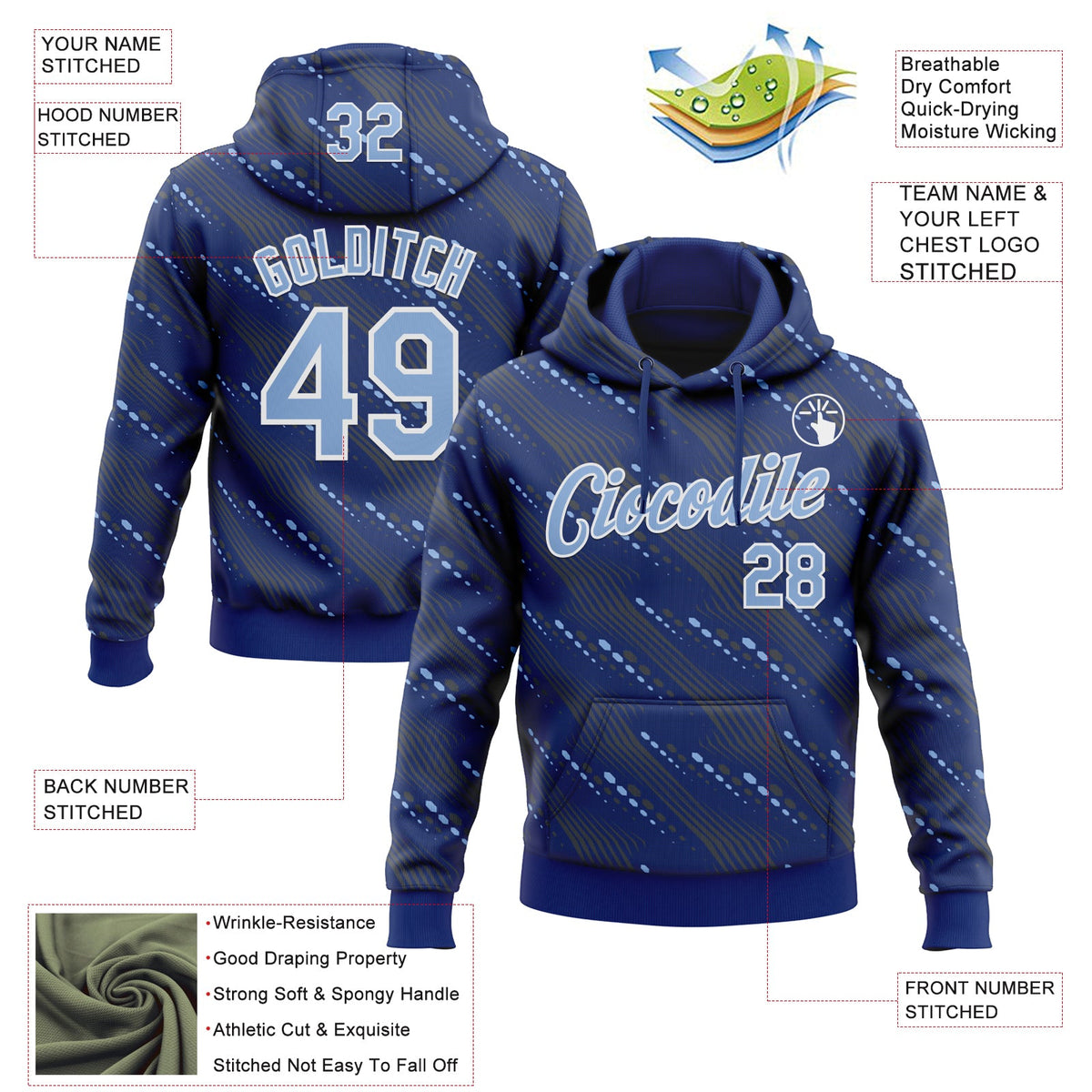 Custom Stitched Royal Light Blue-White 3D Pattern Design Slant Lines Sports Pullover Sweatshirt Hoodie