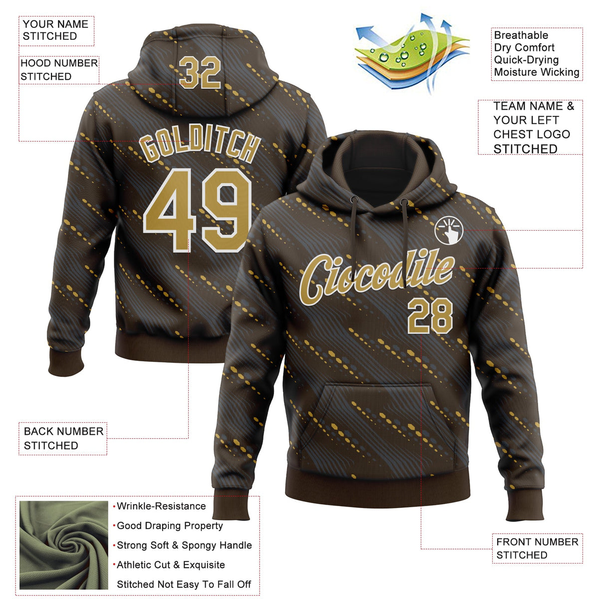 Custom Stitched Brown Old Gold-White 3D Pattern Design Slant Lines Sports Pullover Sweatshirt Hoodie