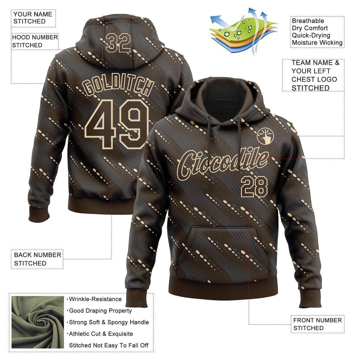 Custom Stitched Brown Cream 3D Pattern Design Slant Lines Sports Pullover Sweatshirt Hoodie