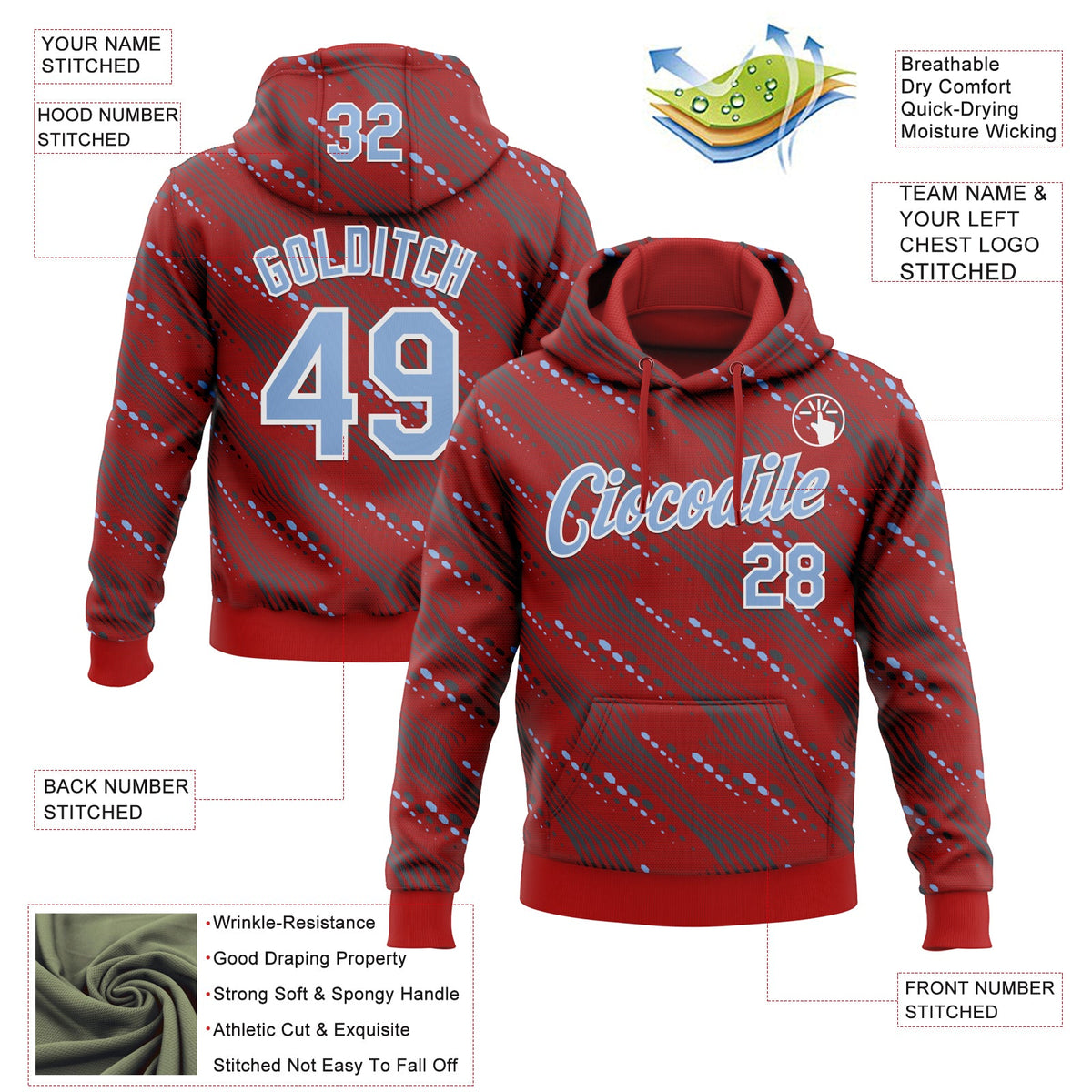 Custom Stitched Red Light Blue-White 3D Pattern Design Slant Lines Sports Pullover Sweatshirt Hoodie