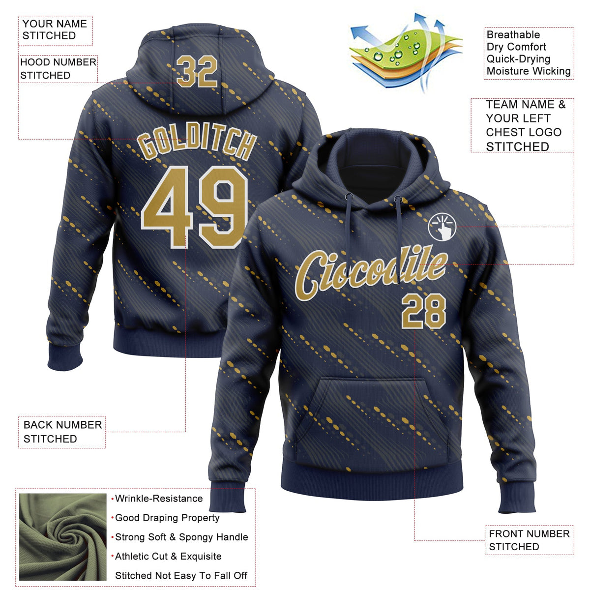 Custom Stitched Navy Old Gold-White 3D Pattern Design Slant Lines Sports Pullover Sweatshirt Hoodie
