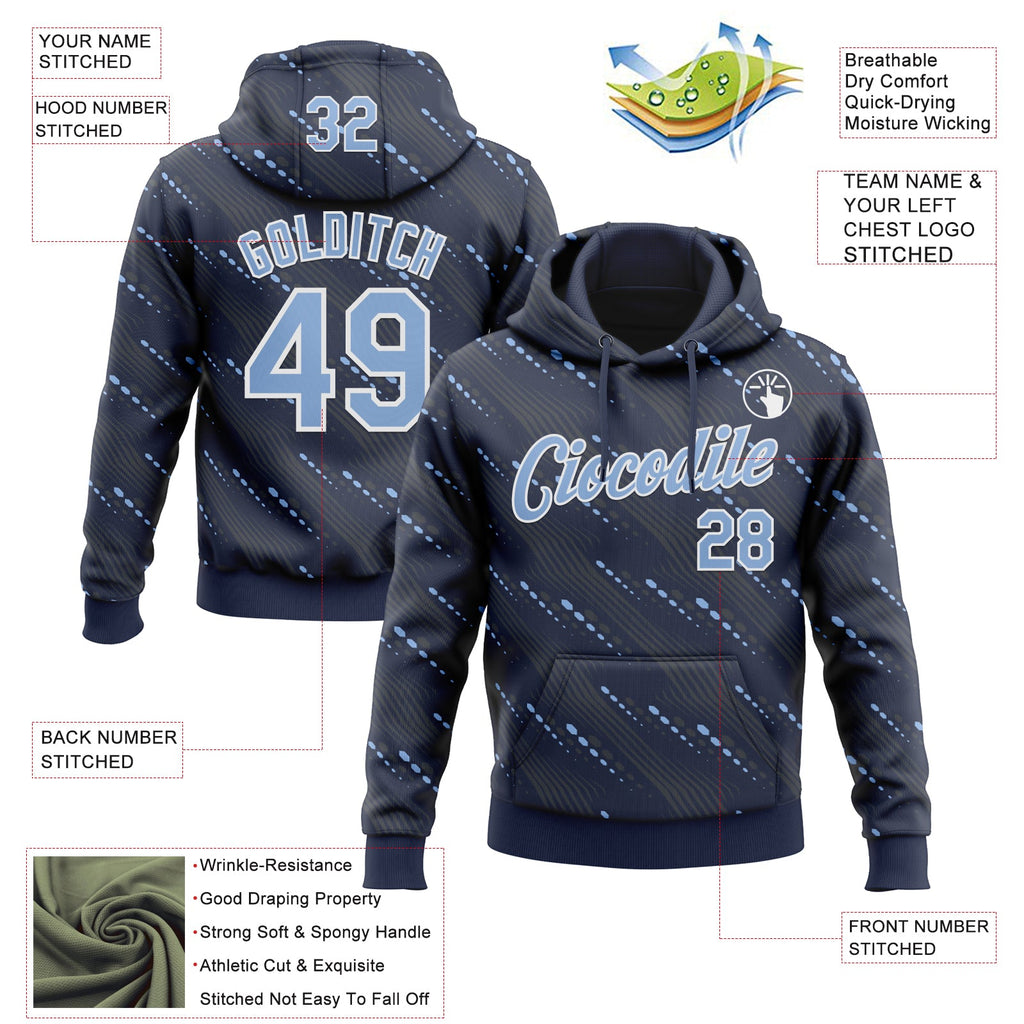 Custom Stitched Navy Light Blue-White 3D Pattern Design Slant Lines Sports Pullover Sweatshirt Hoodie