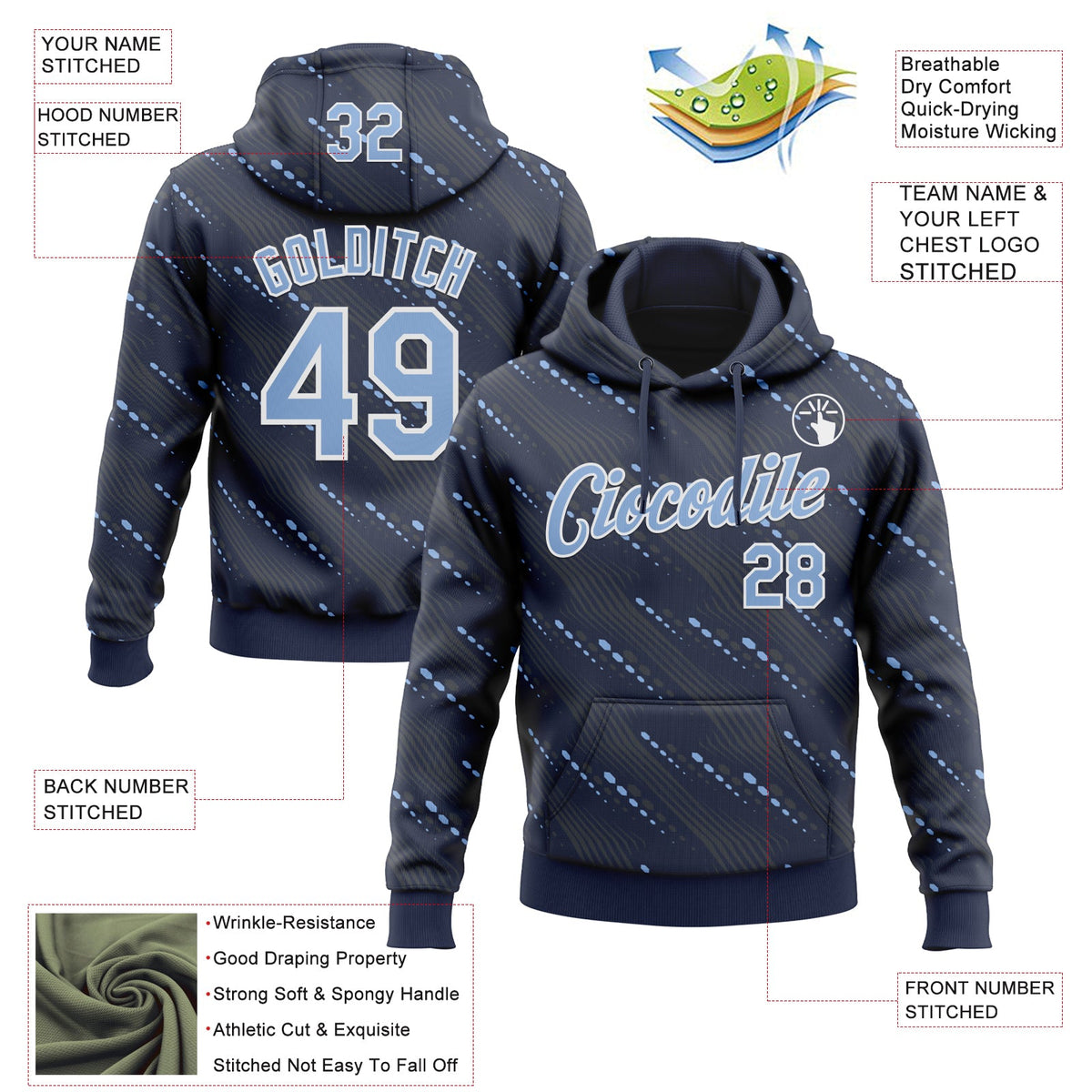 Custom Stitched Navy Light Blue-White 3D Pattern Design Slant Lines Sports Pullover Sweatshirt Hoodie