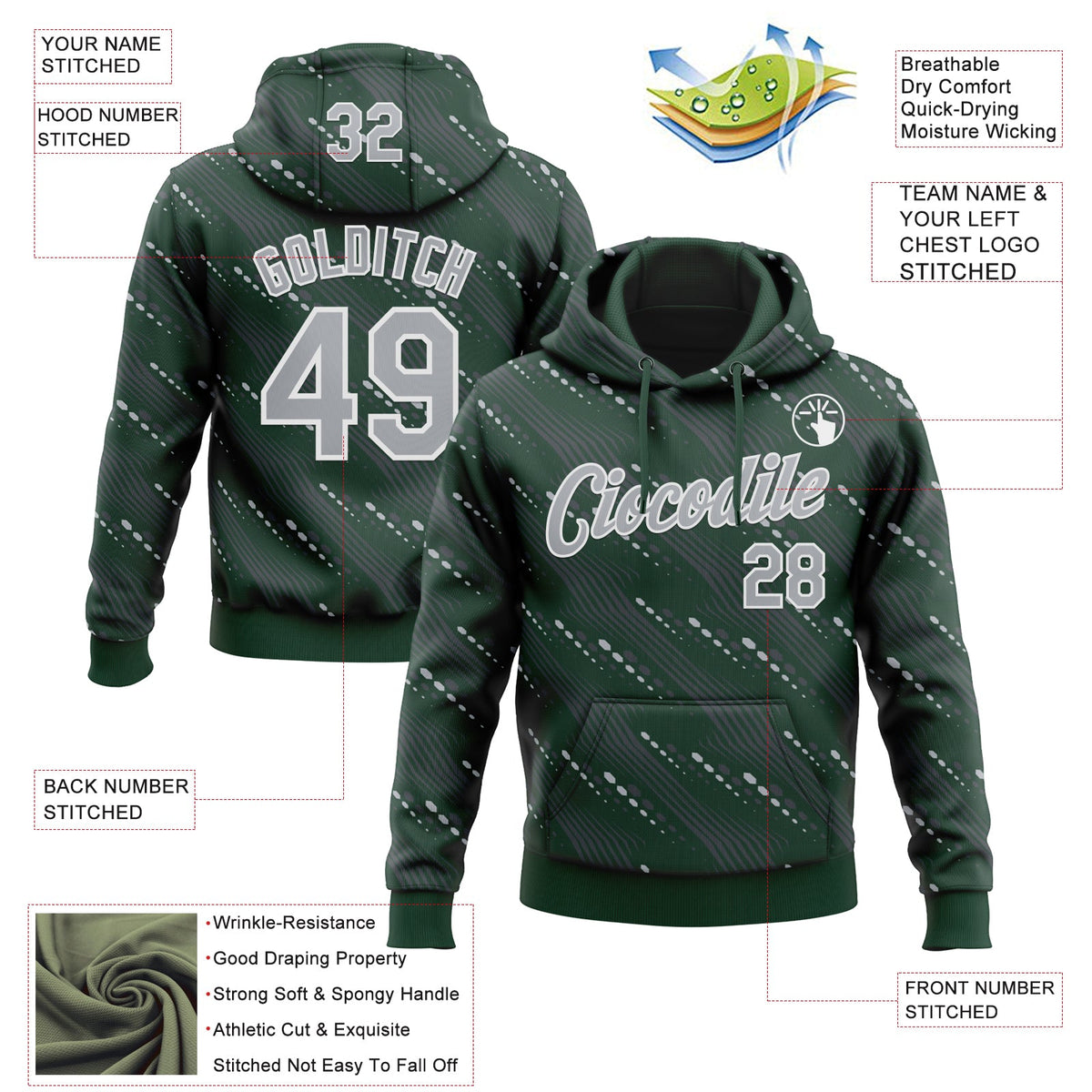 Custom Stitched Green Gray-White 3D Pattern Design Slant Lines Sports Pullover Sweatshirt Hoodie