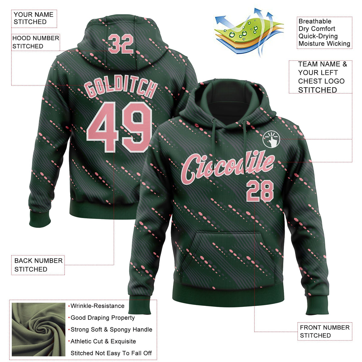 Custom Stitched Green Medium Pink-White 3D Pattern Design Slant Lines Sports Pullover Sweatshirt Hoodie