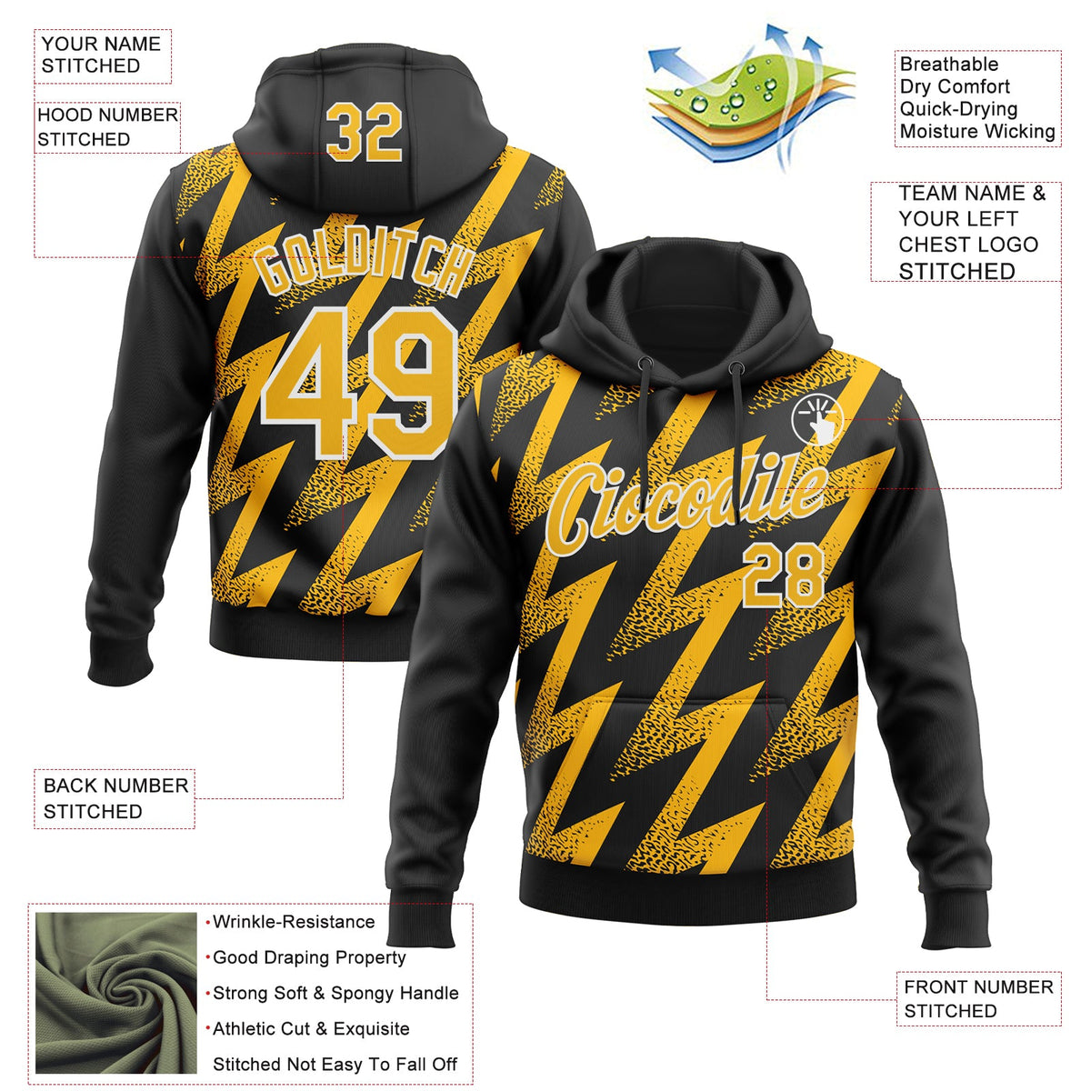 Custom Stitched Black Gold-White 3D Pattern Design Zigzag Shape Sports Pullover Sweatshirt Hoodie