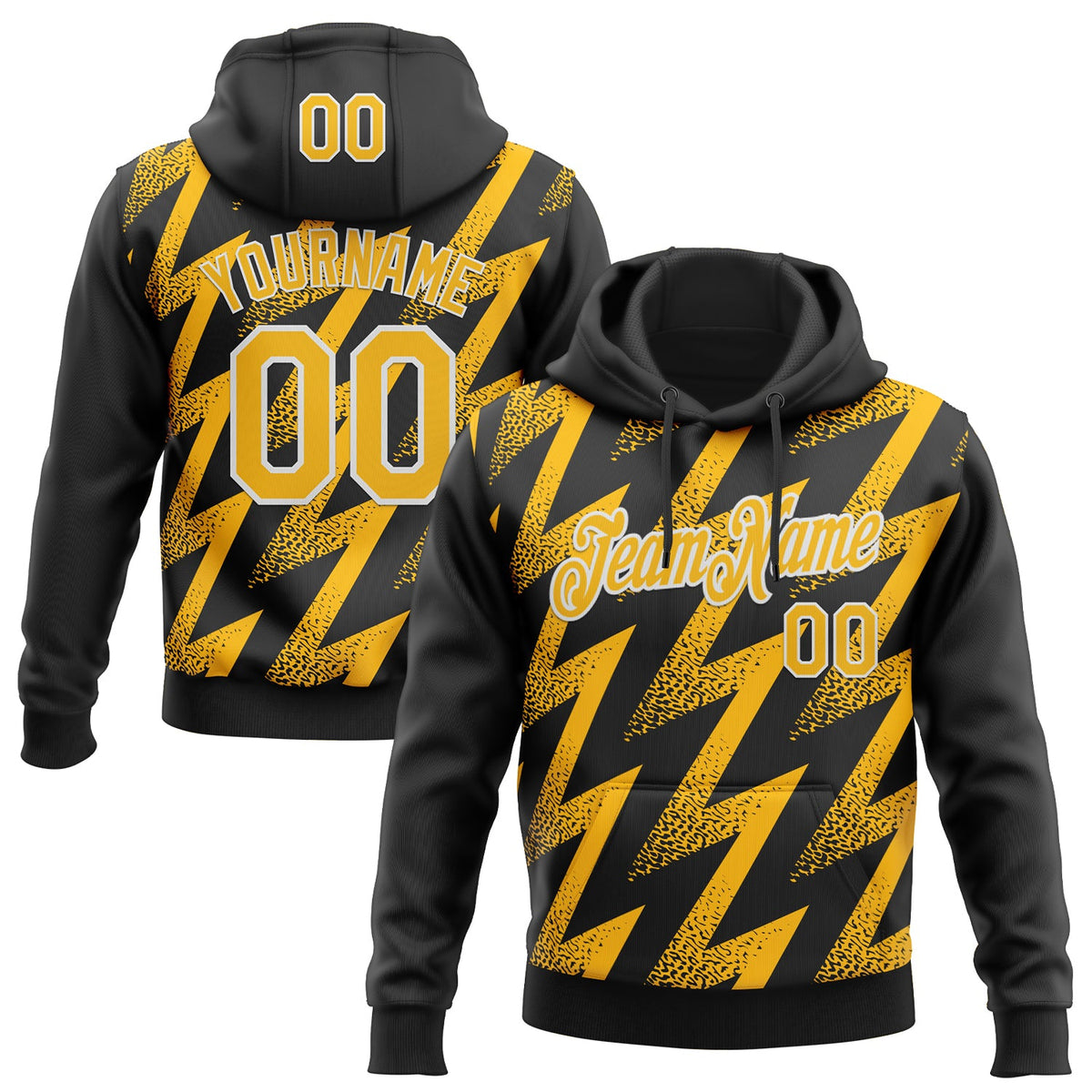 Custom Stitched Black Gold-White 3D Pattern Design Zigzag Shape Sports Pullover Sweatshirt Hoodie