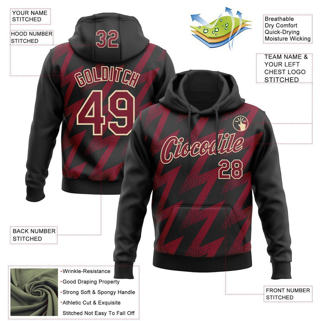 Custom Stitched Black Crimson-Cream 3D Pattern Design Zigzag Shape Sports Pullover Sweatshirt Hoodie