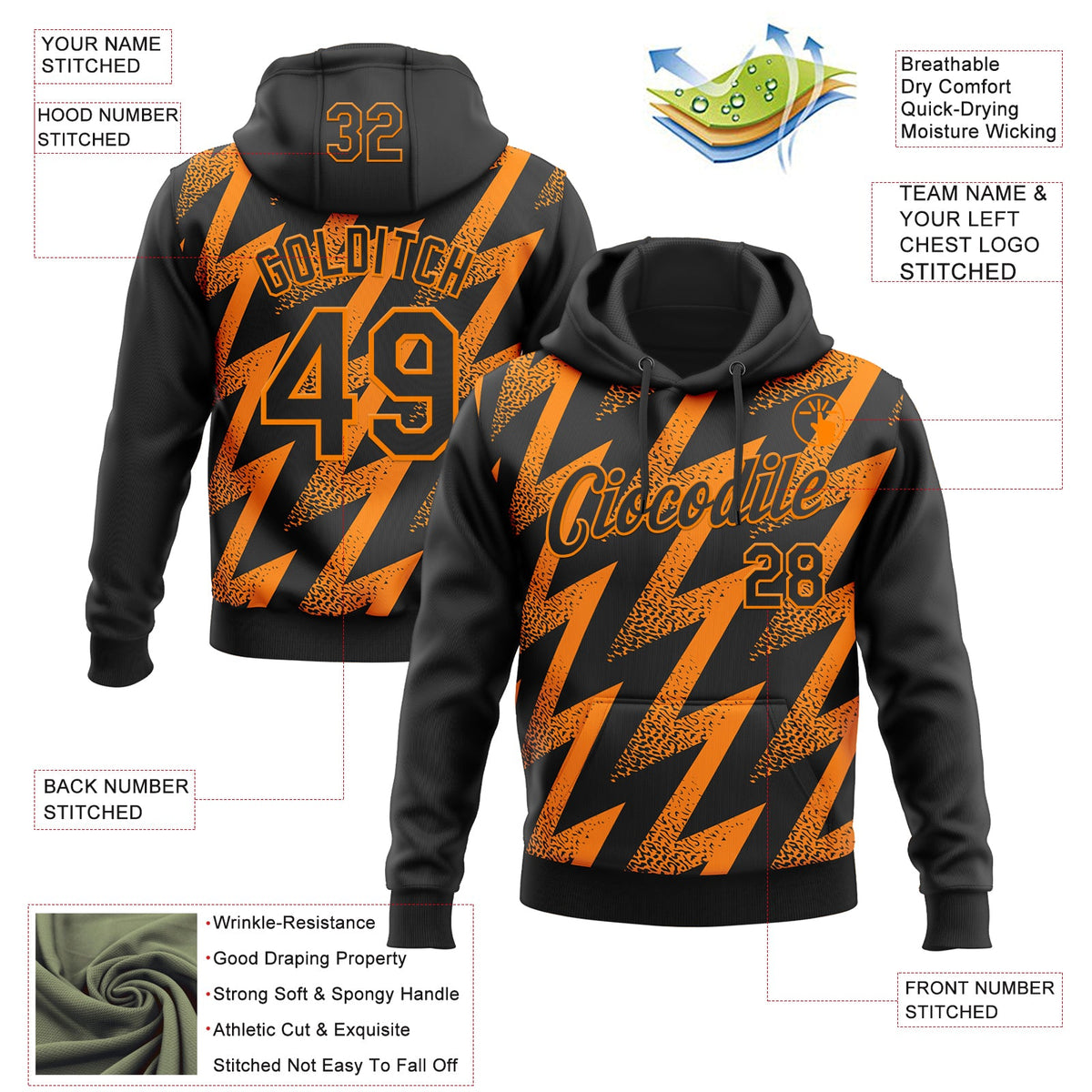 Custom Stitched Black Bay Orange 3D Pattern Design Zigzag Shape Sports Pullover Sweatshirt Hoodie