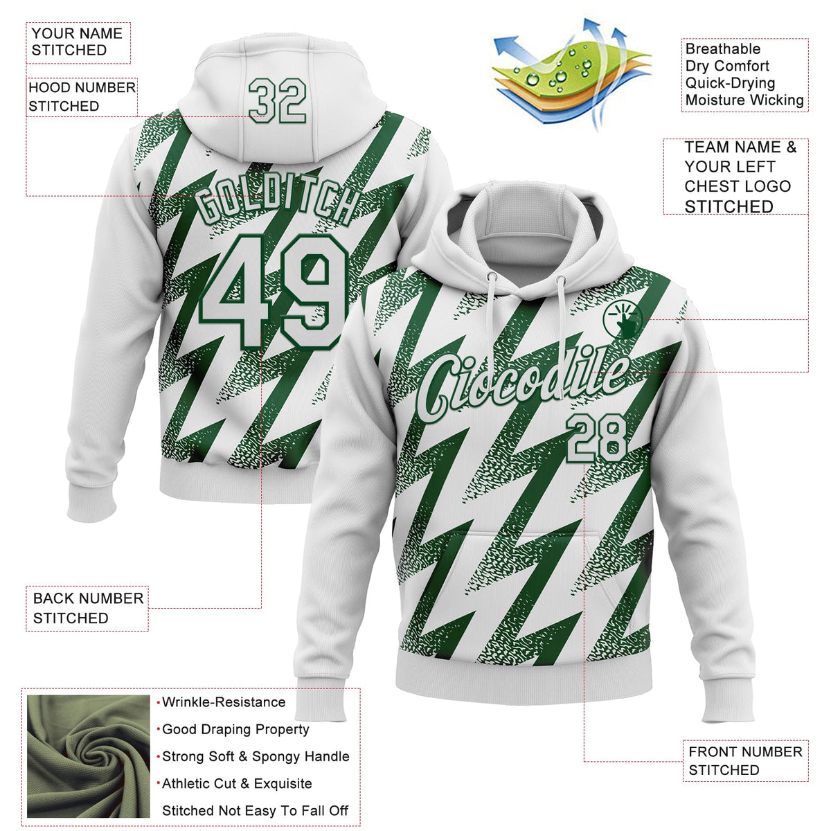 Custom Stitched White Green 3D Pattern Design Zigzag Shape Sports Pullover Sweatshirt Hoodie