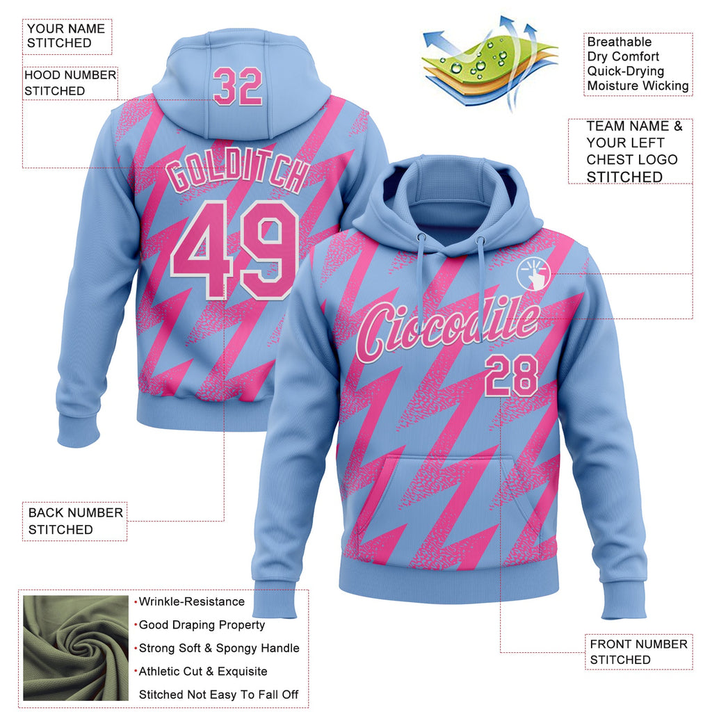 Custom Stitched Light Blue Pink-White 3D Pattern Design Zigzag Shape Sports Pullover Sweatshirt Hoodie
