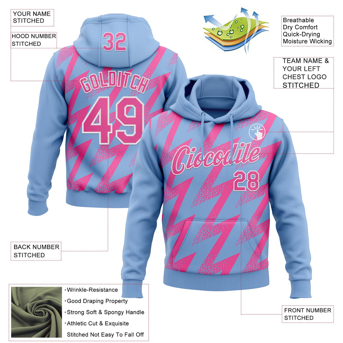Custom Stitched Light Blue Pink-White 3D Pattern Design Zigzag Shape Sports Pullover Sweatshirt Hoodie