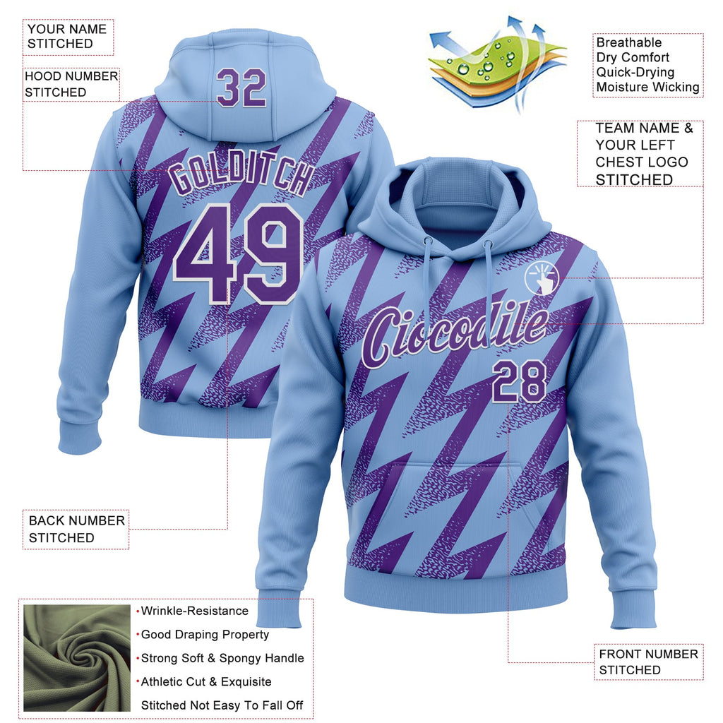 Custom Stitched Light Blue Purple-White 3D Pattern Design Zigzag Shape Sports Pullover Sweatshirt Hoodie