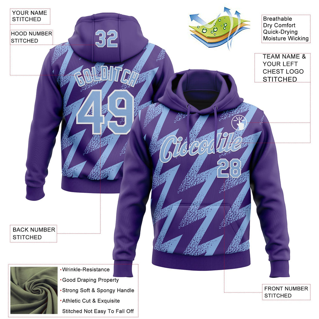 Custom Stitched Purple Light Blue-White 3D Pattern Design Zigzag Shape Sports Pullover Sweatshirt Hoodie