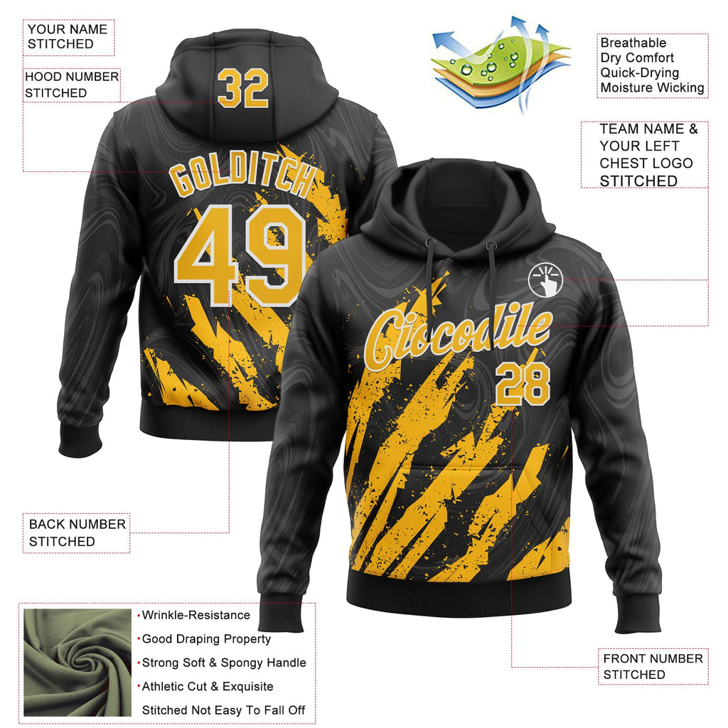 Custom Stitched Black Gold-White 3D Pattern Design Splash Sports Pullover Sweatshirt Hoodie
