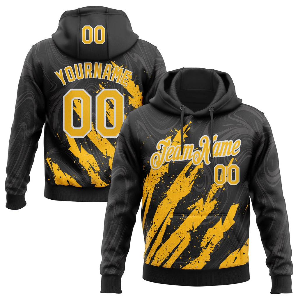 Custom Stitched Black Gold-White 3D Pattern Design Splash Sports Pullover Sweatshirt Hoodie