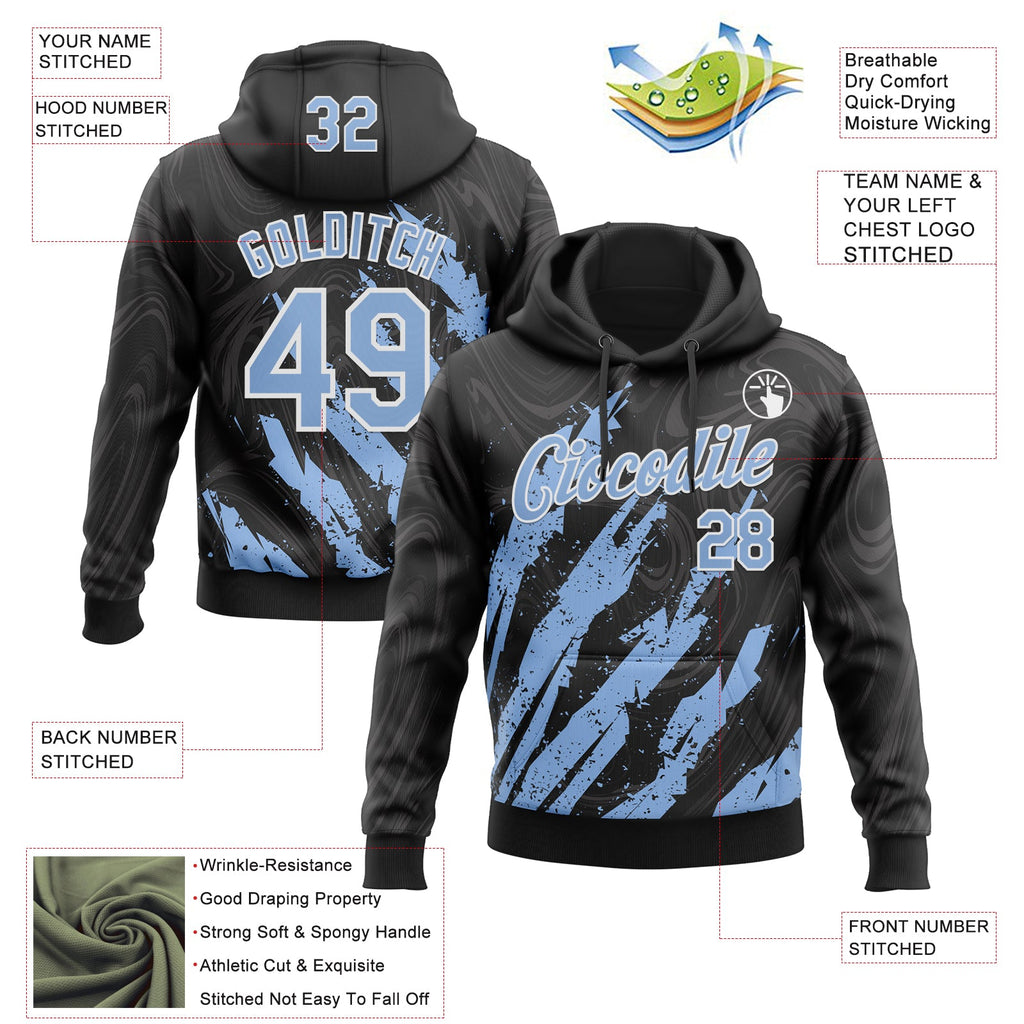 Custom Stitched Black Light Blue-White 3D Pattern Design Splash Sports Pullover Sweatshirt Hoodie