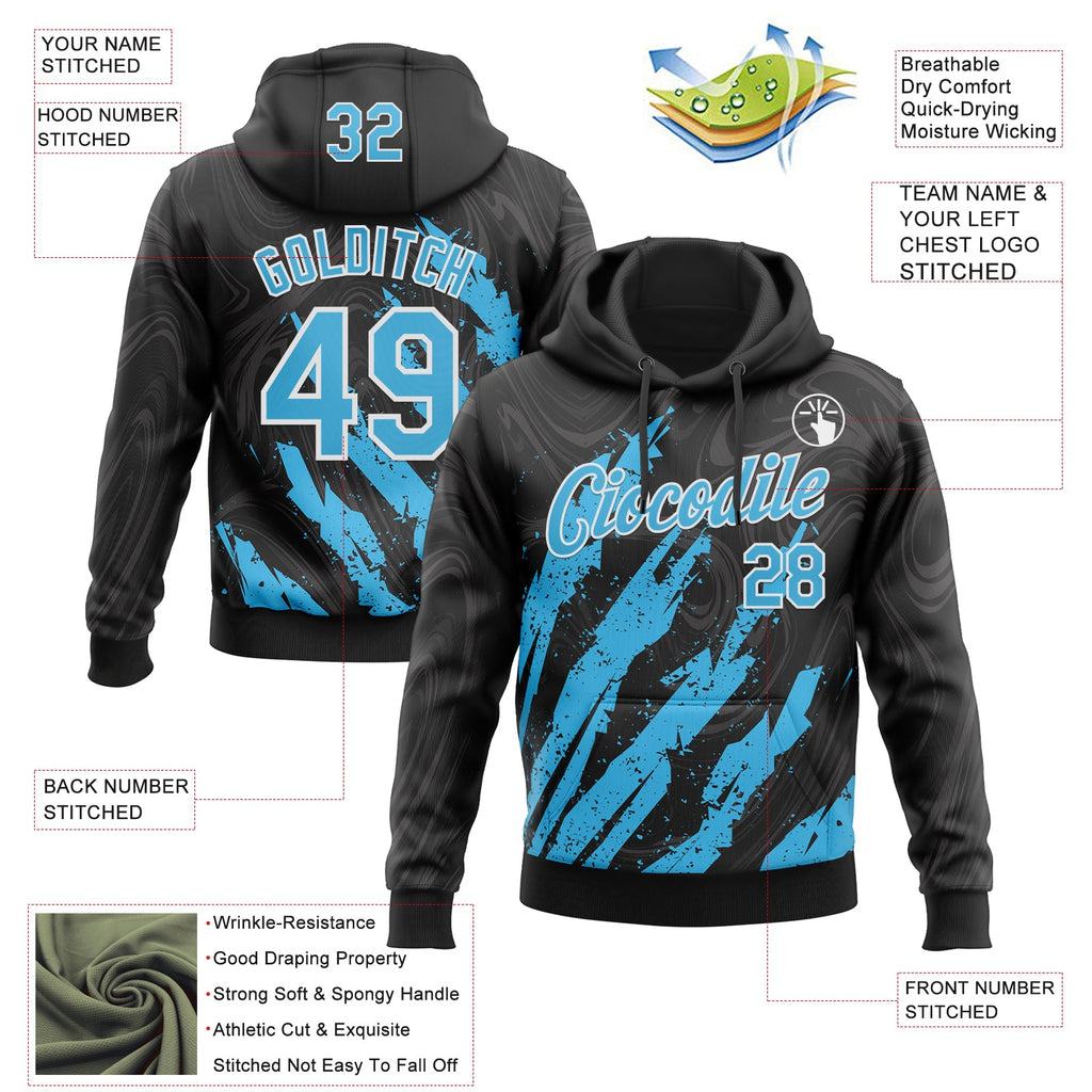 Custom Stitched Black Sky Blue-White 3D Pattern Design Splash Sports Pullover Sweatshirt Hoodie