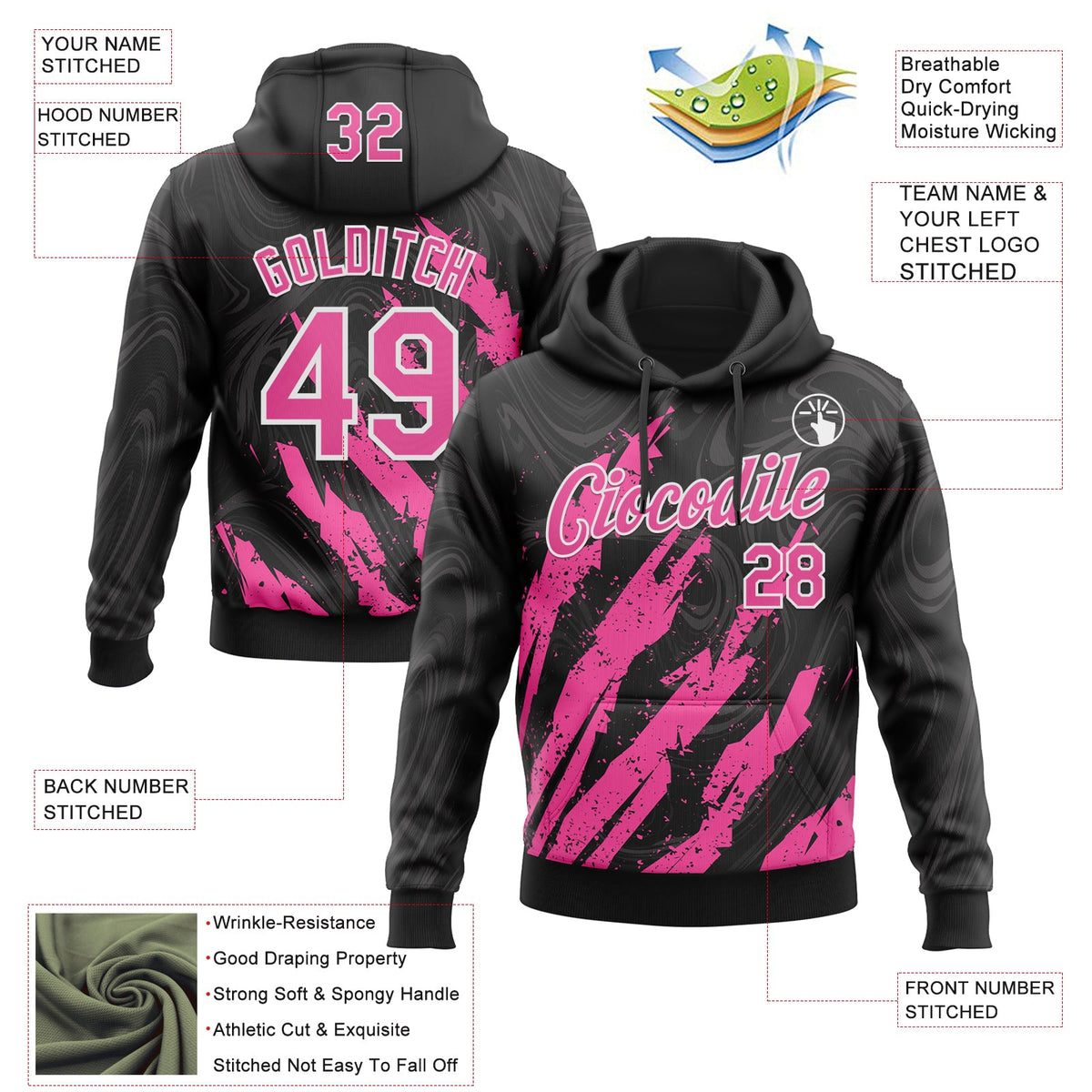 Custom Stitched Black Pink-White 3D Pattern Design Splash Sports Pullover Sweatshirt Hoodie