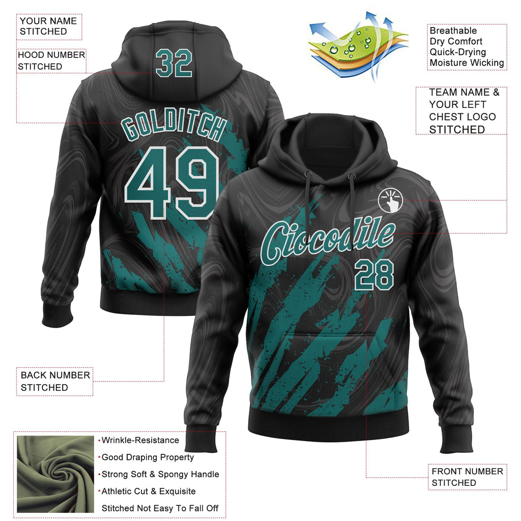Custom Stitched Black Teal-White 3D Pattern Design Splash Sports Pullover Sweatshirt Hoodie