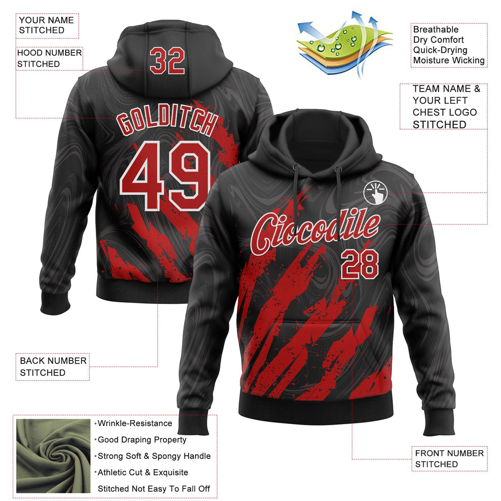 Custom Stitched Black Red-White 3D Pattern Design Splash Sports Pullover Sweatshirt Hoodie