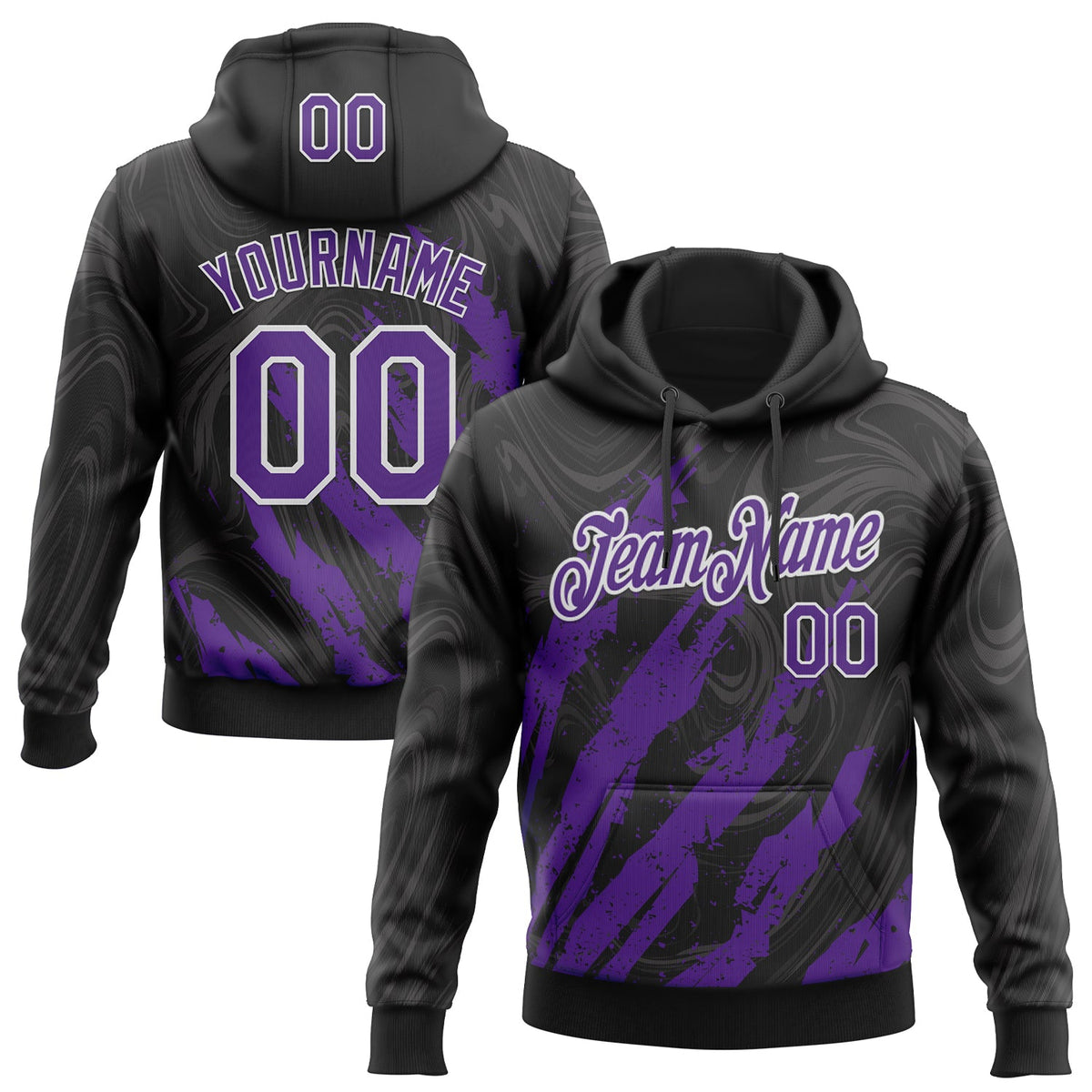 Custom Stitched Black Purple-White 3D Pattern Design Splash Sports Pullover Sweatshirt Hoodie