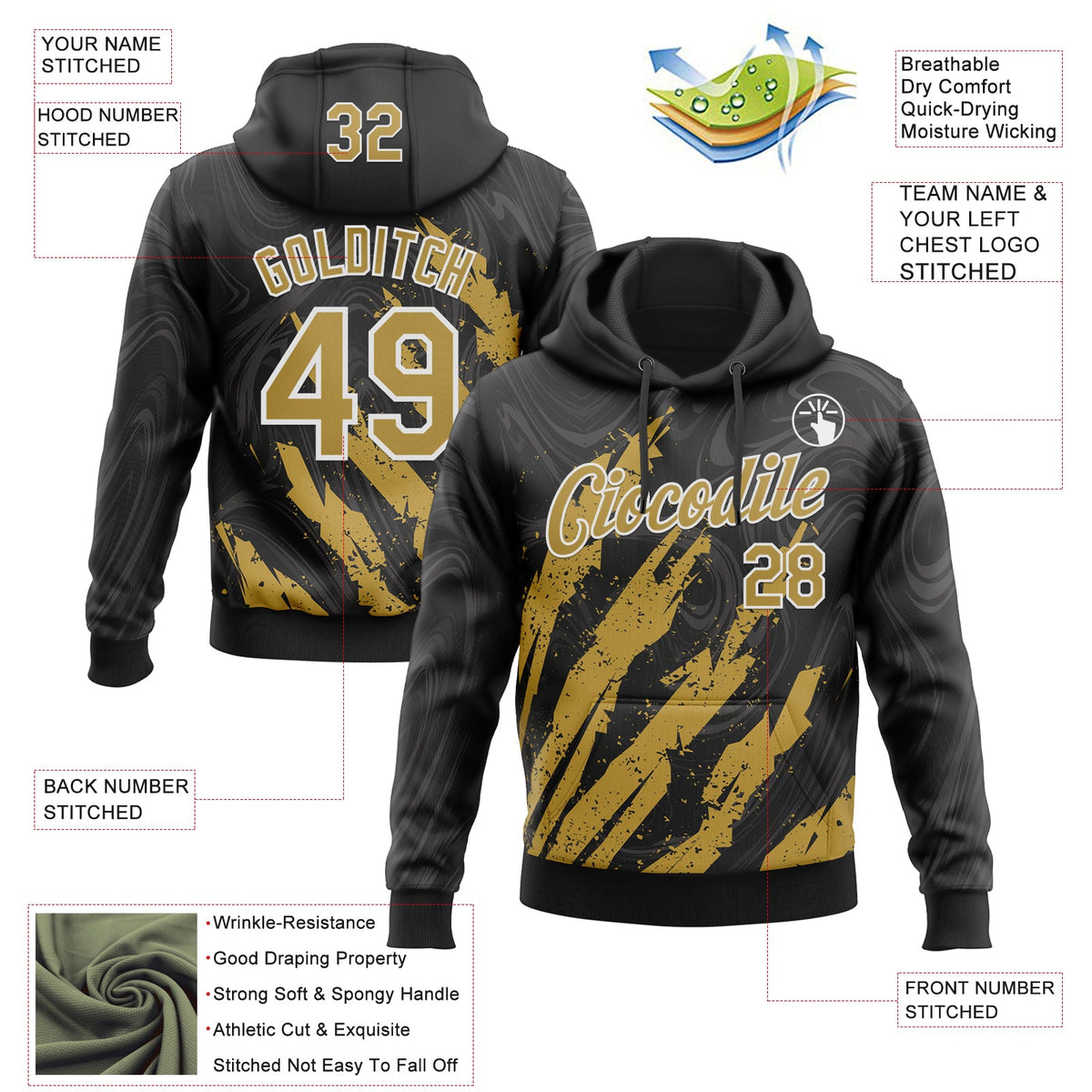 Custom Stitched Black Old Gold-White 3D Pattern Design Splash Sports Pullover Sweatshirt Hoodie