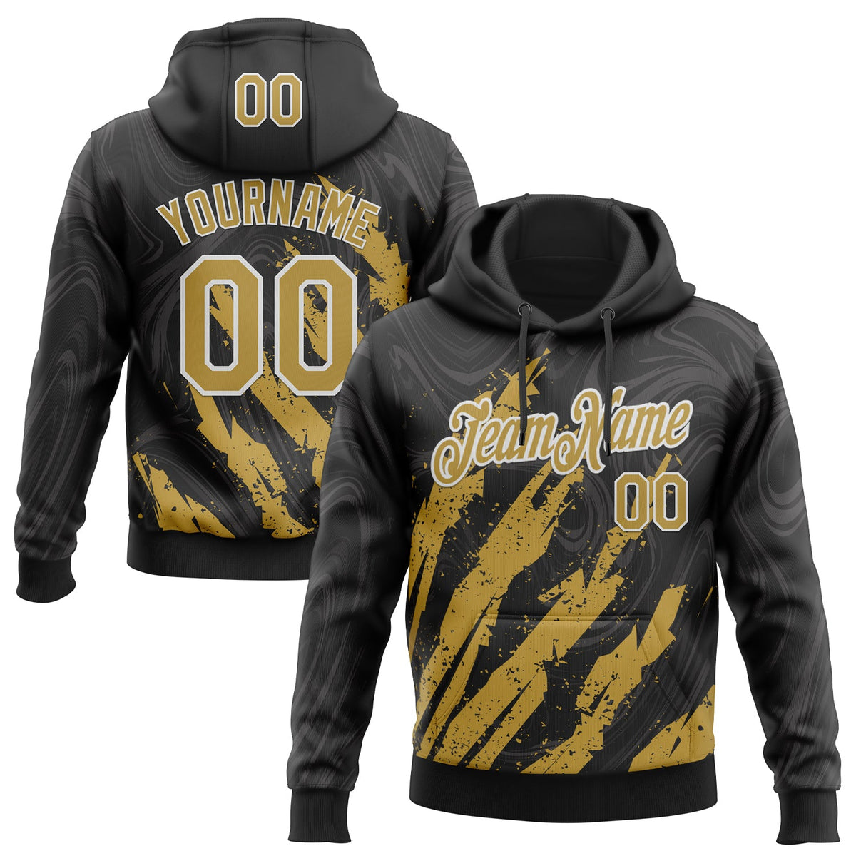 Custom Stitched Black Old Gold-White 3D Pattern Design Splash Sports Pullover Sweatshirt Hoodie