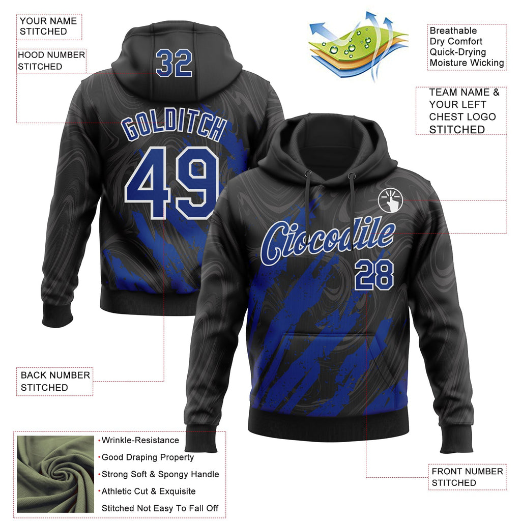 Custom Stitched Black Royal-White 3D Pattern Design Splash Sports Pullover Sweatshirt Hoodie