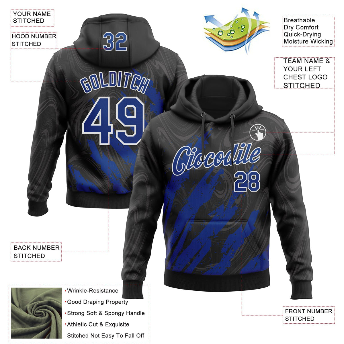 Custom Stitched Black Royal-White 3D Pattern Design Splash Sports Pullover Sweatshirt Hoodie