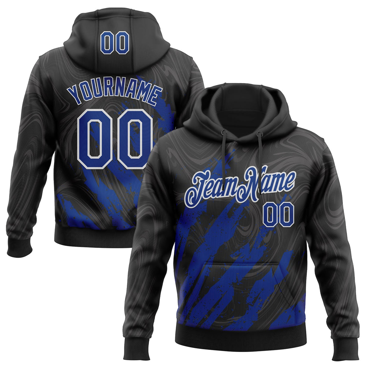 Custom Stitched Black Royal-White 3D Pattern Design Splash Sports Pullover Sweatshirt Hoodie