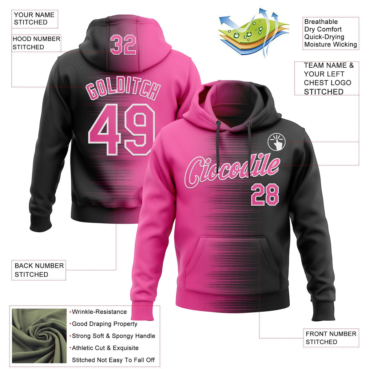 Custom Stitched Black Pink-White 3D Pattern Design Gradient Line Sports Pullover Sweatshirt Hoodie