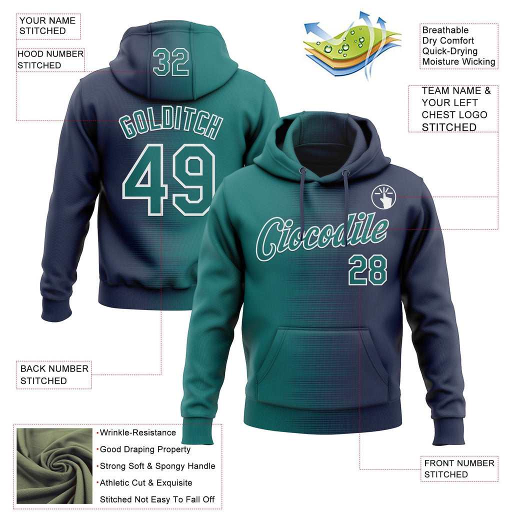 Custom Stitched Navy Teal-White 3D Pattern Design Gradient Line Sports Pullover Sweatshirt Hoodie