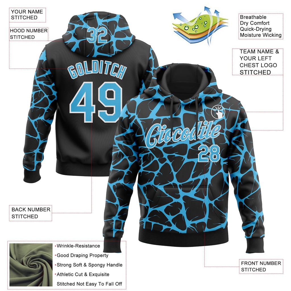 Custom Stitched Black Sky Blue-White 3D Pattern Design Abstract Network Sports Pullover Sweatshirt Hoodie
