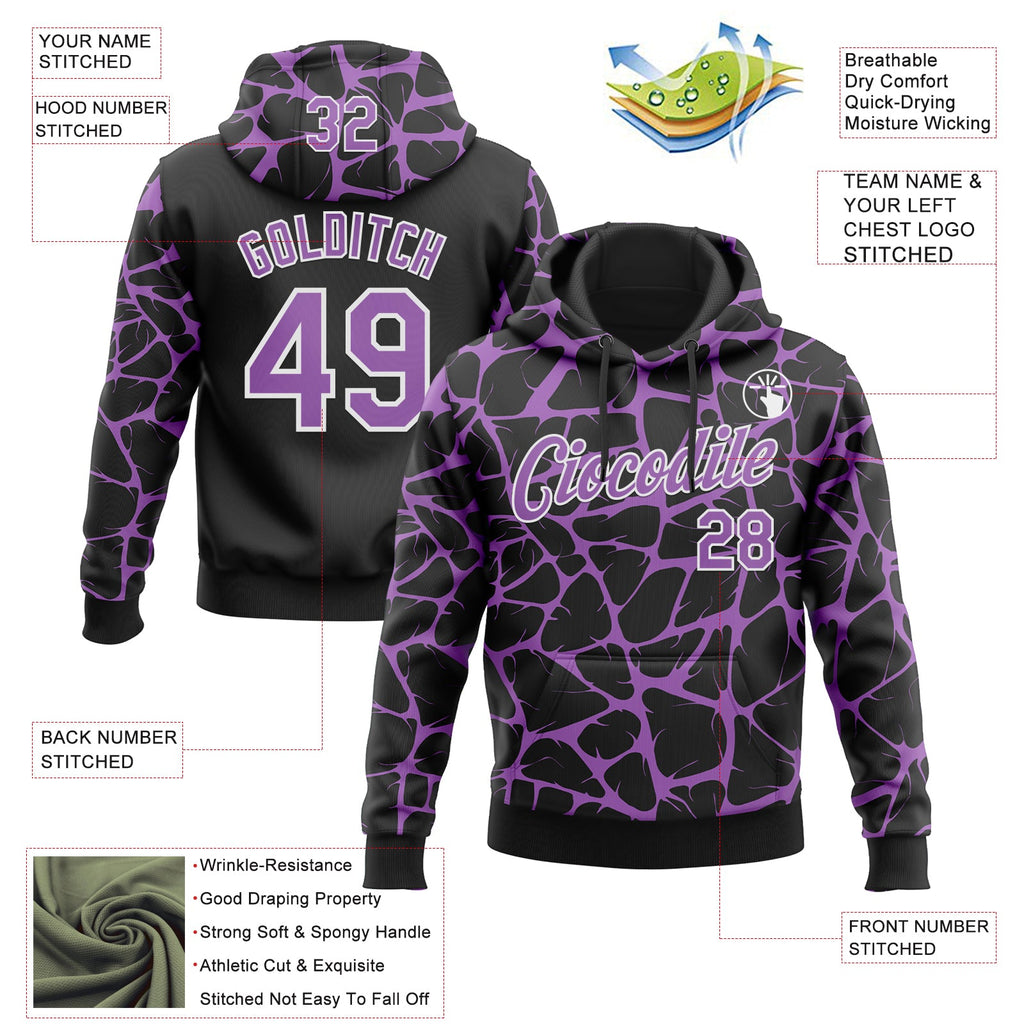 Custom Stitched Black Medium Purple-White 3D Pattern Design Abstract Network Sports Pullover Sweatshirt Hoodie