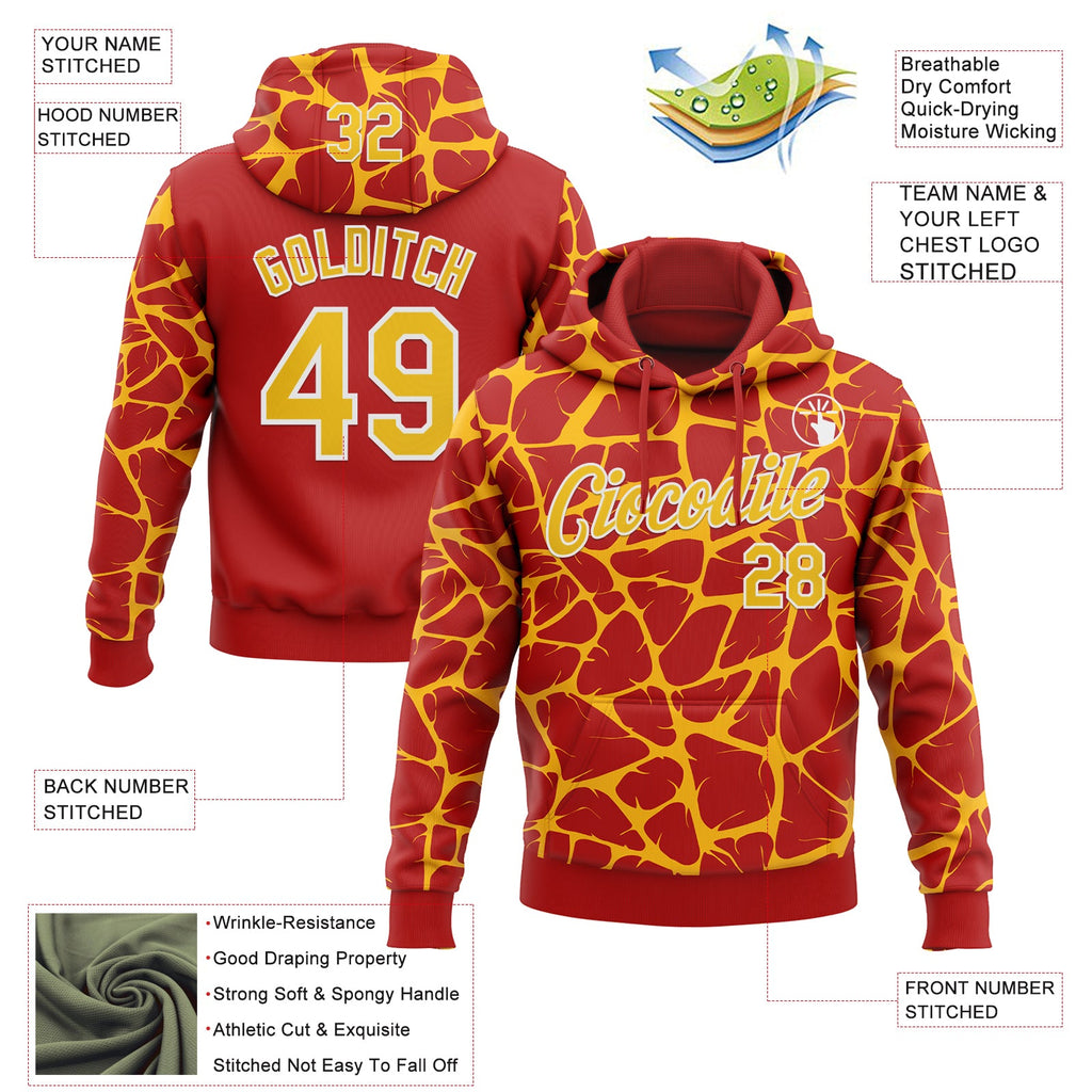 Custom Stitched Red Gold-White 3D Pattern Design Abstract Network Sports Pullover Sweatshirt Hoodie
