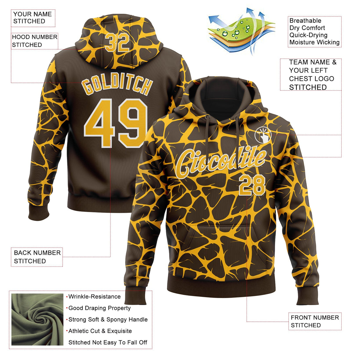 Custom Stitched Brown Gold-White 3D Pattern Design Abstract Network Sports Pullover Sweatshirt Hoodie