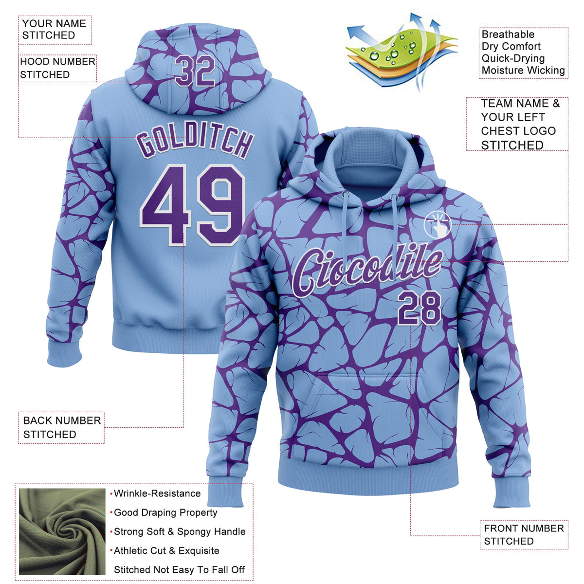 Custom Stitched Light Blue Purple-White 3D Pattern Design Abstract Network Sports Pullover Sweatshirt Hoodie